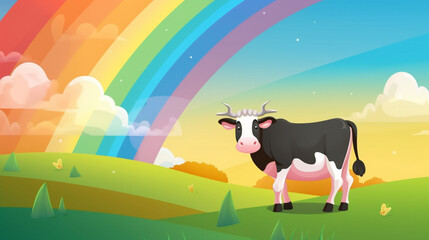 Wall Mural - Cow and rainbow background landscape Generative AI