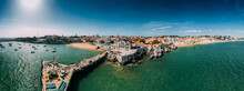 Aerial drone panoramic view of Cascais historic centre with the iconic Bay and Ribeira Beach, 30km west of Lisbon on the Portuguese Riviera, Cascais, Portugal