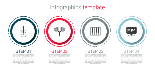 Poster - Set Electric bass guitar, Musical tuning fork, synthesizer and MP4 file document. Business infographic template. Vector