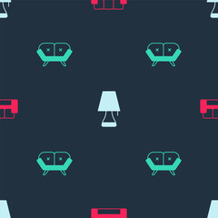 Poster - Set Sofa, Table lamp and on seamless pattern. Vector