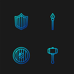 Wall Mural - Set line Hammer, Round wooden shield, Shield and Medieval spear. Gradient color icons. Vector