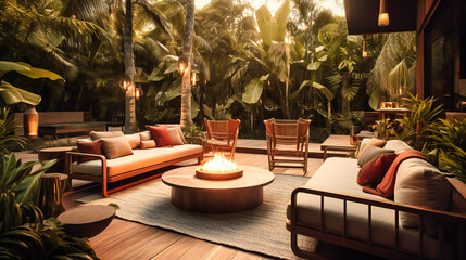 An exquisite image of a stylish outdoor lounge, providing an inviting and luxurious space for relaxation in a tropical villa setting