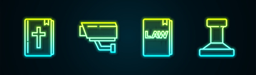 Canvas Print - Set line Holy bible book, Security camera, Law and Stamp. Glowing neon icon. Vector