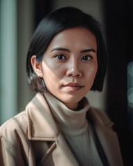 Wall Mural - Woman in Beige Turtleneck and Jacket Photorealistic Portrait Illustration [Generative AI]