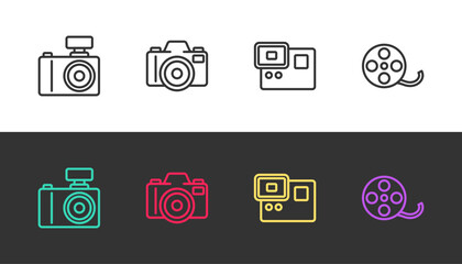 Sticker - Set line Photo camera, Action extreme and Film reel on black and white. Vector