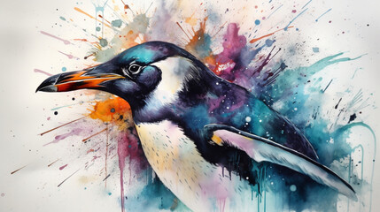 Wall Mural - Penguin in abstract watercolor painting Generative AI