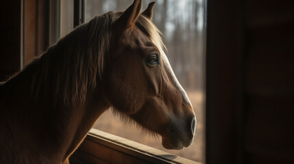 Wall Mural - Horse looking out the window Generative AI