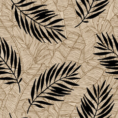 Hand drawn palm leaves silhouettes and banana line art of background