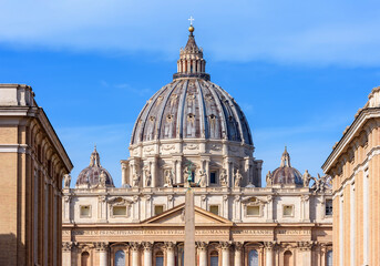 Wall Mural - St. Peter's basilica dome and Egyptian obelisk on St. Peter's square in Vatican (translation 