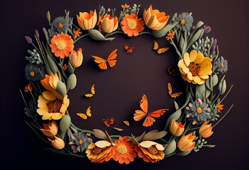 Wall Mural - Floral oval wreath with cartoon orange flowers and moths. Botanical border template. Happy Easter spring background. Generative AI