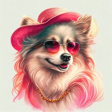Portrait Of A Dog With Glasses And A Hat Watercolor Painting Generative AI