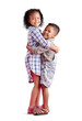 © peopleimages.com - Children pose for family portrait, young brother and big sister hug with smiles. Mixed-race siblings show love and smiling while hugging, casual clothes and isolated on a transparent, png background