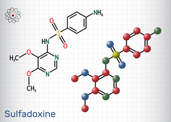 Wall Mural - Sulfadoxine, sulphadoxine molecule. It is long acting sulfonamide used for the treatment of malaria. Structural chemical formula, molecule model. Sheet of paper in a cage