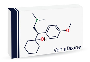 Poster - Venlafaxine antidepressant  drug molecule. It is used for the treatment of major depression. Skeletal chemical formula. Paper packaging for drugs