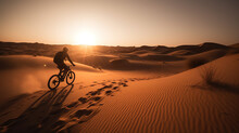 A Cyclist Riding Through A Desert At Sunset. Generative AI.