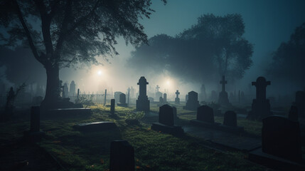 Poster - A misty haunted graveyard with headstones that glow Generative AI