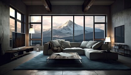 Wall Mural - Modern interior with large panoramic windows and mountain views