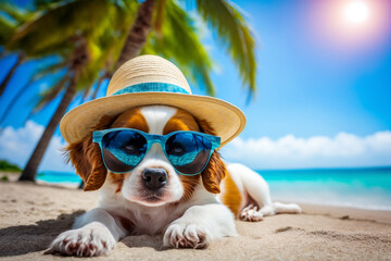 Wall Mural - Cute puppy in a hat and sunglasses is resting on the sea coast under palm trees. AI Generated