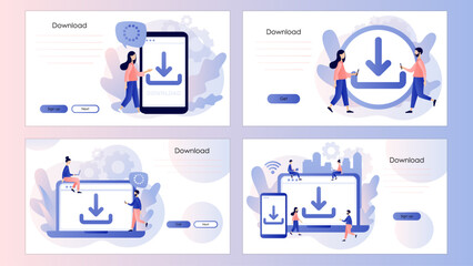 Wall Mural - download concept. install symbol. tiny people downloading data, files on smartphone, laptop. load sy