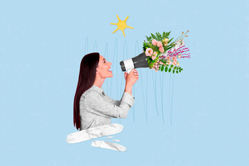 composite collage picture of positive girl hold communicate talk loudspeaker fresh spring flowers su