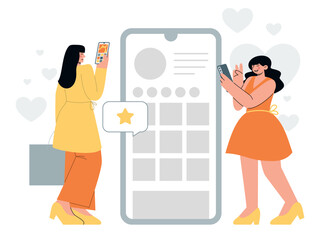 Wall Mural - Girl and woman using social network media for fun, making selfie and posts to favorite applications. Flat vector minimalist illustrations with smartphones and internet