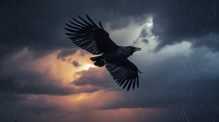 Poster - A black crow flying in a stormy sky with lightning Generative AI