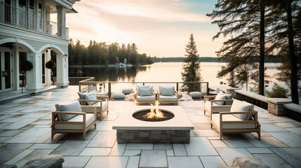 A beautiful image of a lakeside mansion's stylish outdoor patio, offering comfort and relaxation with a serene lakeside view