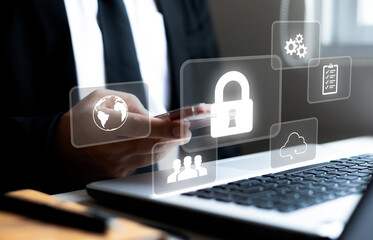 concept of cyber security, data security and encryption, secure access to user personal data, secure internet access, cyber security Businessman touching an icon key through the virtual screen