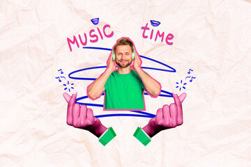 Poster - Photo collage artwork minimal picture of dreamy smiling guy enjoying music headphones isolated drawing background