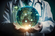 © yuniazizah - Doctor holding virtual globe with healthcare network connection. Science and medical innovation technology develop sustainable smart services made with Generative AI