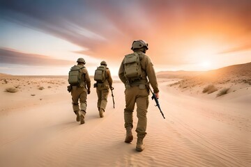 Wall Mural - Soldier walking in the desert patrolling together