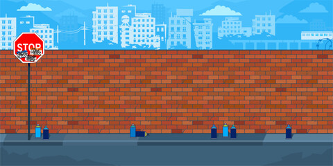 Flat Empty Brick Wall With Background Of The Cityscape Vector Illustration Template