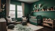 Dark green nursery interior design, generative ai baby room design idea with cacti, animals and texan accents