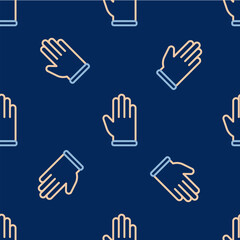 Poster - Line Rubber gloves icon isolated seamless pattern on blue background. Latex hand protection sign. Housework cleaning equipment symbol. Vector