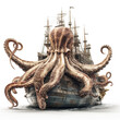 ancient kraken on a ship isolated in white background