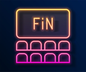 Poster - Glowing neon line Cinema auditorium with screen icon isolated on black background. Vector