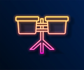 Wall Mural - Glowing neon line Bongo drum icon isolated on black background. Musical instrument symbol. Vector