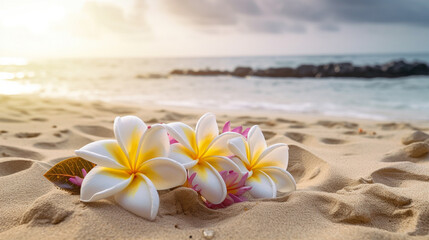 Plumeria flowers on the beach on the sand. selective focus. flower Generative AI,