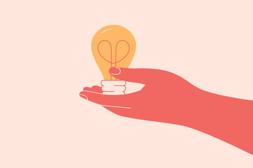 Hand holds light bulb. Human Hand gives to someone lamp with heart inside of it. Concept of creativity business ideas and solutions . Vector illustration