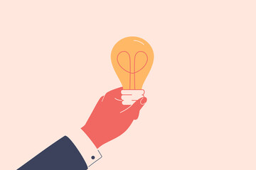 Male arm in suit holds light bulb with heart inside of it. Human Hand with electric lamp. Concept of business ideas and creative solutions. Vector illustration