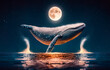 Orca jumping in the ocean in the moonlight created with Generative AI technology