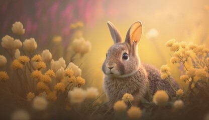 a painting of a rabbit in a field of flowers, generative AI
