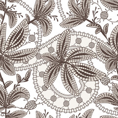 Wall Mural - Lace embroidery floral seamless pattern. Fantasy baroque brown print with leaves and flowers. Hand drawn oriental fabric. Vector decorative background. Reticulate textile.