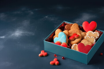 Wall Mural - Gift box with red hearts shaped cookies on the blue background.