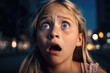 Surprised, astonished, stunned,  shocked, startled or amazed face expression of a blonde young female girl, generative ai