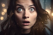 Surprised, astonished, stunned,  shocked, startled or amazed face expression of a young brunette  teenage female girl, generative ai