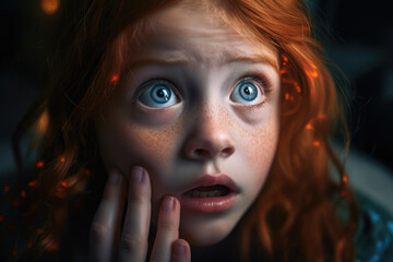 Wall Mural - Surprised, astonished, stunned,  shocked, startled or amazed face expression of a young female redhead ginger girl, generative ai