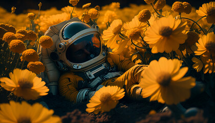 high texture quality photo of biomechanical astronaut lying in a meadow of yellow dahlia flowers, golden hour