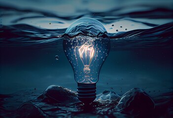 Canvas Print - A light bulb in the water depicts the importance of conservation and responsible energy use. Style clean, crisp lines, blue tones. Generative AI