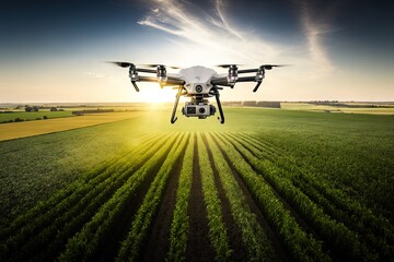 Wall Mural - agronomist drone flying over large farm field with crop, created with generative ai